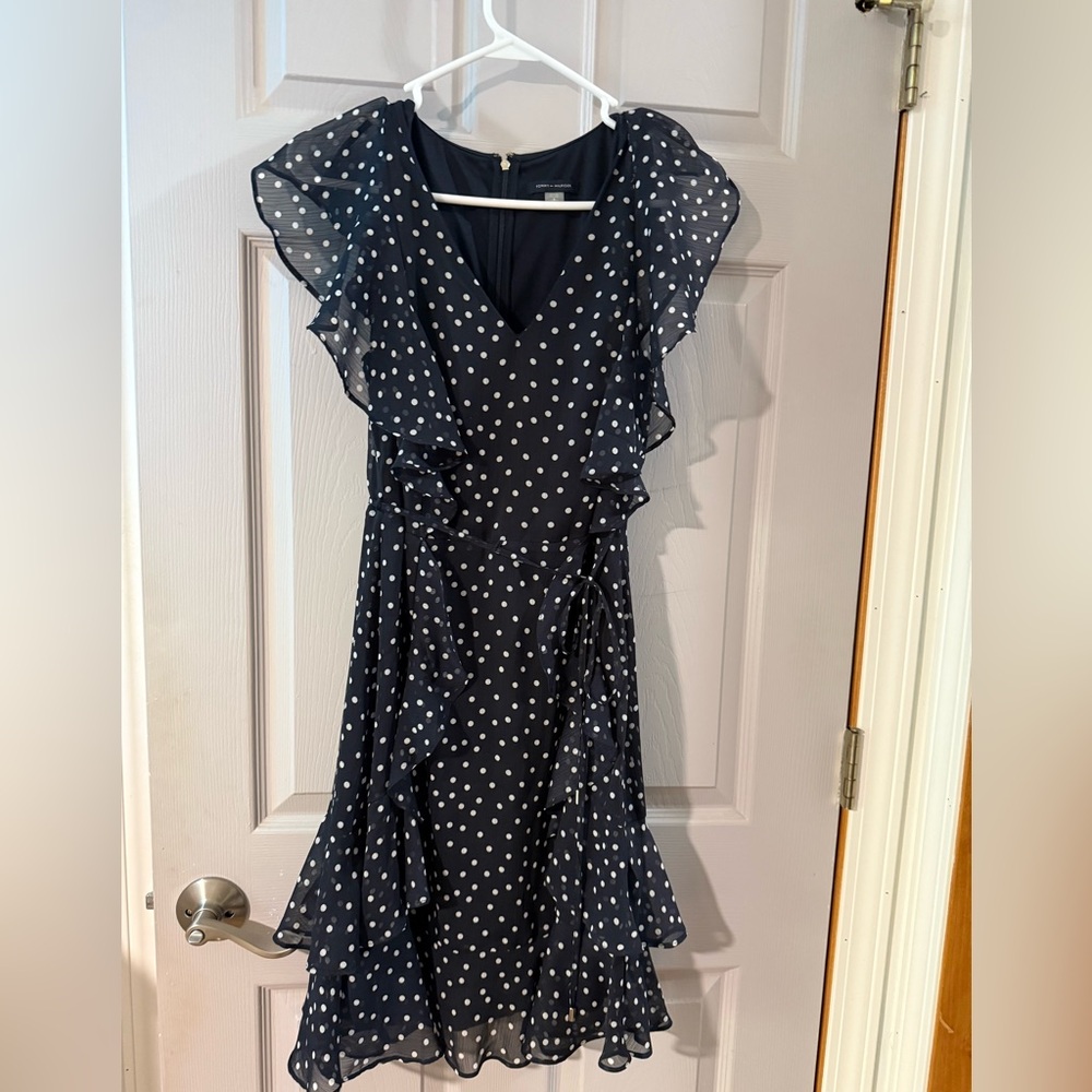 Tommy Hilfiger Blue and White Ruffled Wrap Midi Dress
